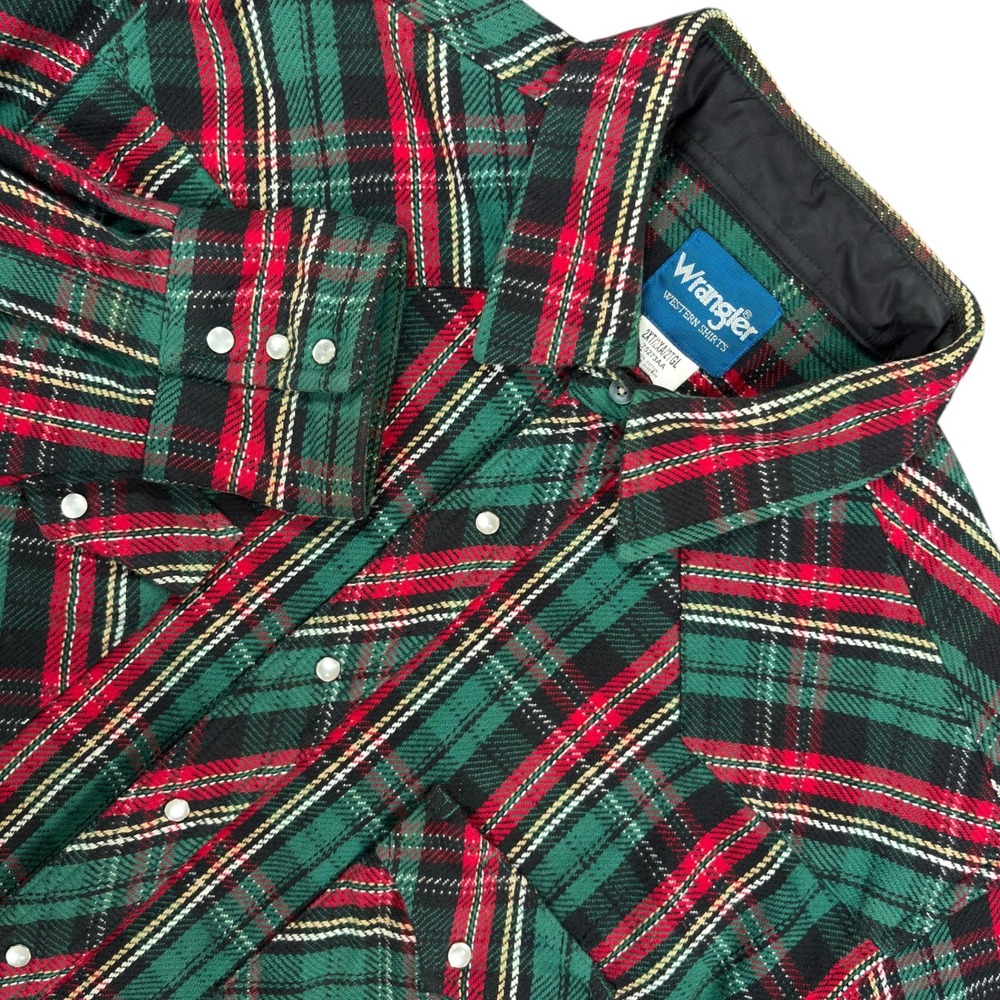 Wrangler Flannel Western Shirt Mens 2XT Green Red Plaid Cotton Twill Pearl Snap